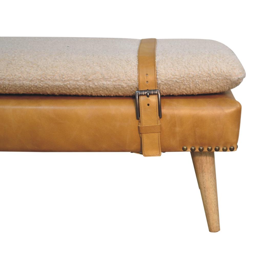 Bouclé & Olive Green Buffalo Hide Leather Bench | Upholstered Accent Seating