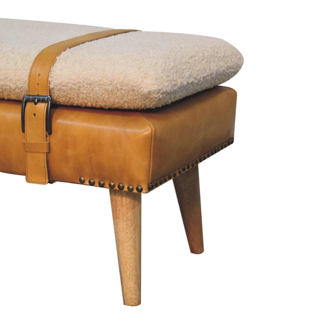 Bouclé & Olive Green Buffalo Hide Leather Bench | Upholstered Accent Seating