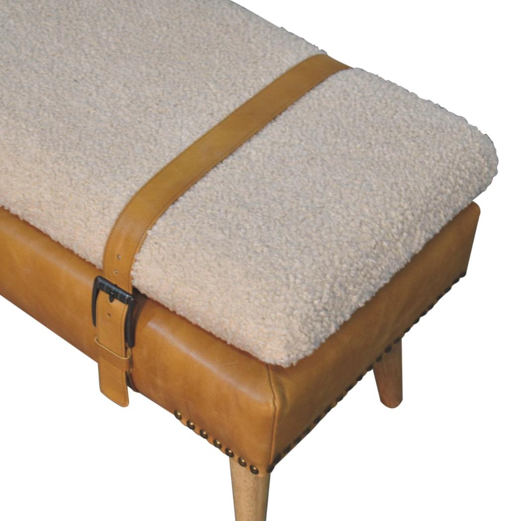 Bouclé & Olive Green Buffalo Hide Leather Bench | Upholstered Accent Seating