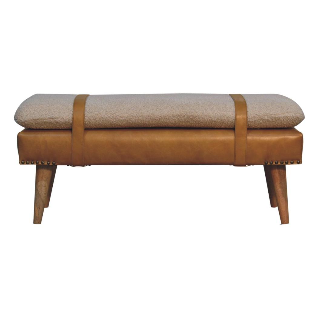 Bouclé & Olive Green Buffalo Hide Leather Bench | Upholstered Accent Seating