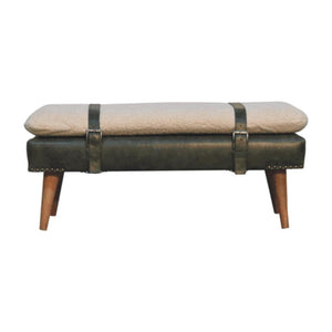 Bouclé & Olive Green Buffalo Hide Leather Bench | Upholstered Accent Seating