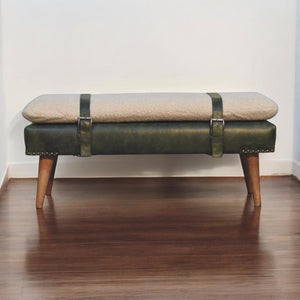 Bouclé & Olive Green Buffalo Hide Leather Bench | Upholstered Accent Seating