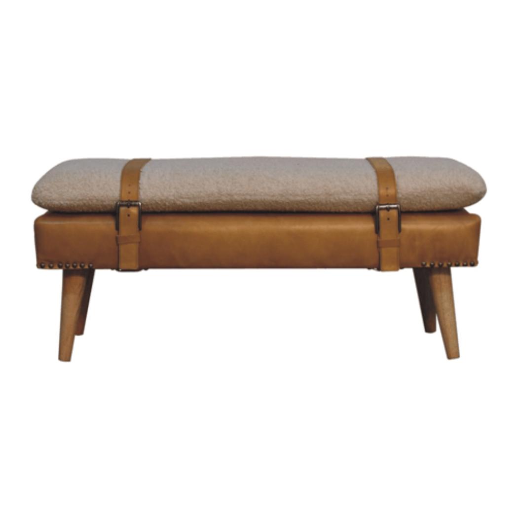 Bouclé & Olive Green Buffalo Hide Leather Bench | Upholstered Accent Seating
