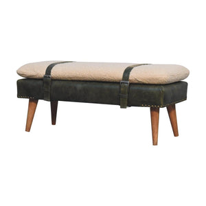 Bouclé & Olive Green Buffalo Hide Leather Bench | Upholstered Accent Seating