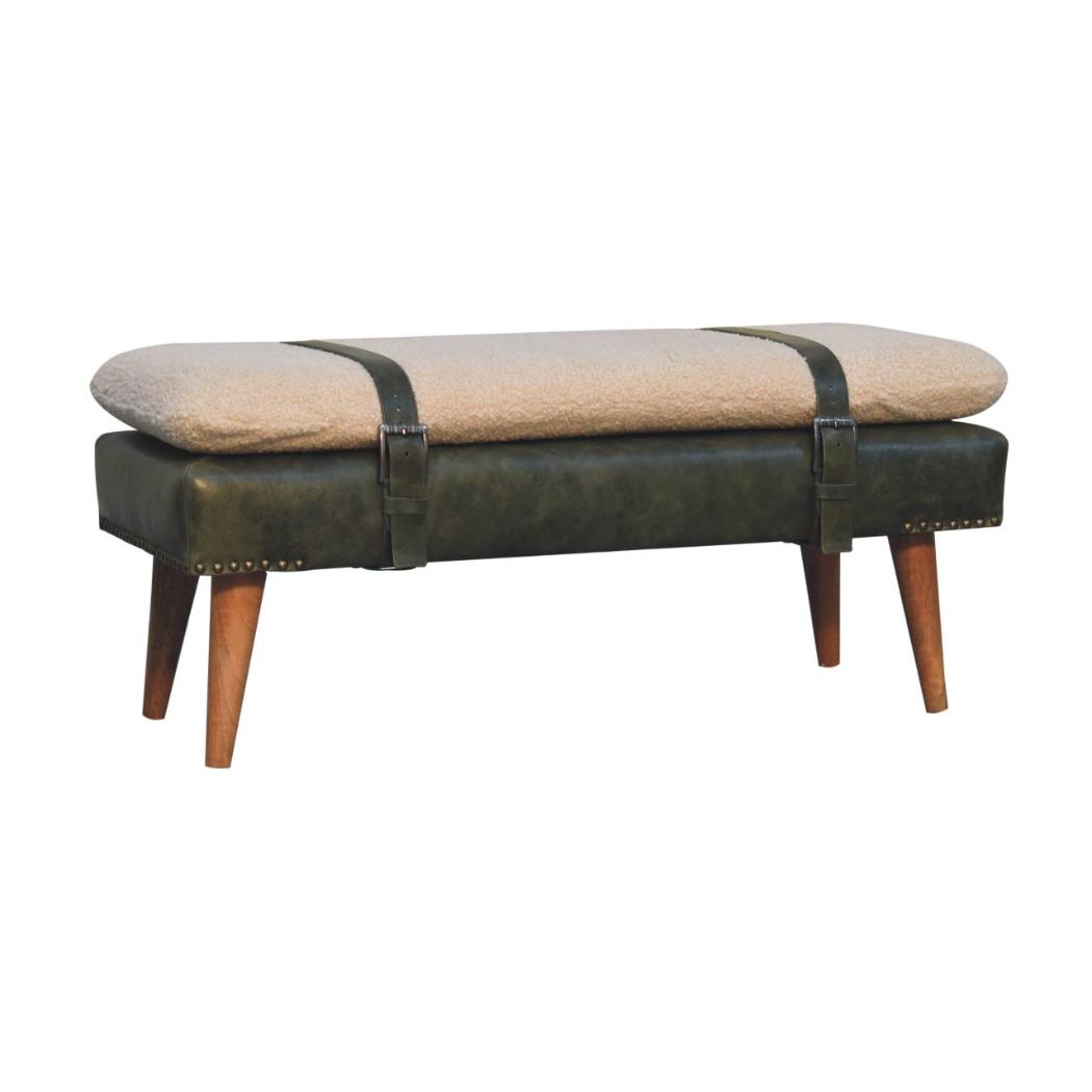 Bouclé & Olive Green Buffalo Hide Leather Bench | Upholstered Accent Seating