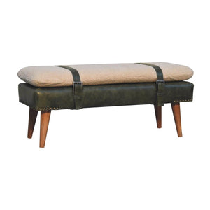 Bouclé & Olive Green Buffalo Hide Leather Bench | Upholstered Accent Seating