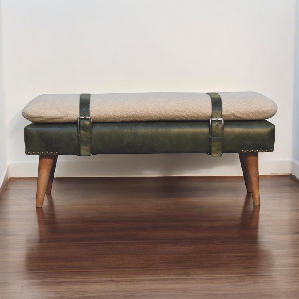 Bouclé & Olive Green Buffalo Hide Leather Bench | Upholstered Accent Seating
