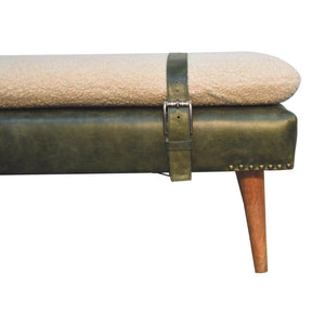 Bouclé & Olive Green Buffalo Hide Leather Bench | Upholstered Accent Seating