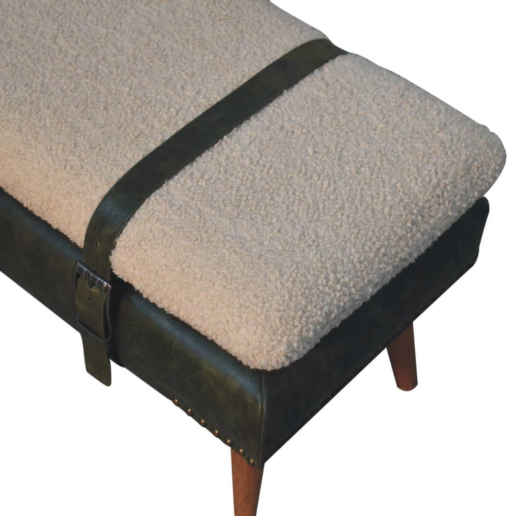Bouclé & Olive Green Buffalo Hide Leather Bench | Upholstered Accent Seating