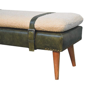 Bouclé & Olive Green Buffalo Hide Leather Bench | Upholstered Accent Seating