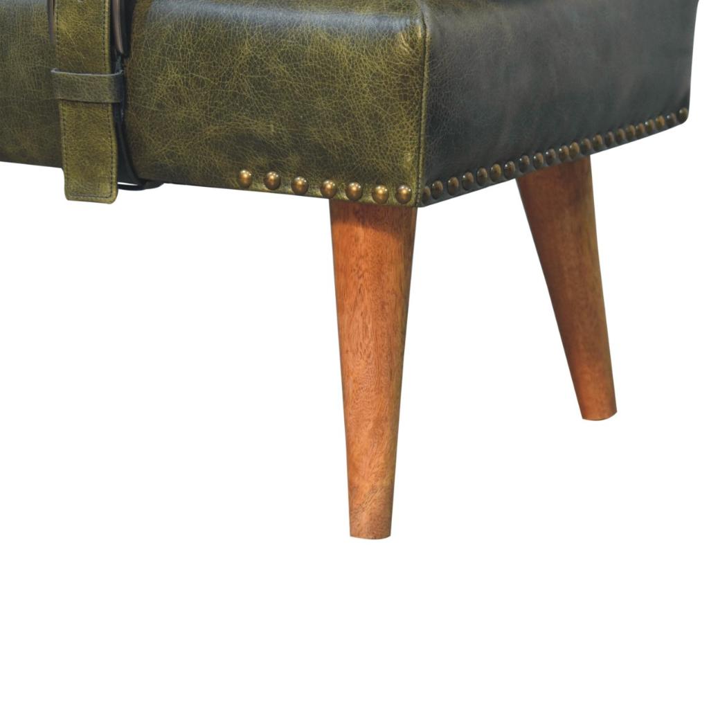 Bouclé & Olive Green Buffalo Hide Leather Bench | Upholstered Accent Seating