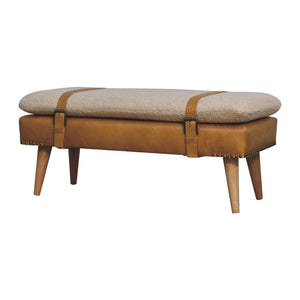 Bouclé & Tan Buffalo Hide Leather Bench | Upholstered Accent Seating