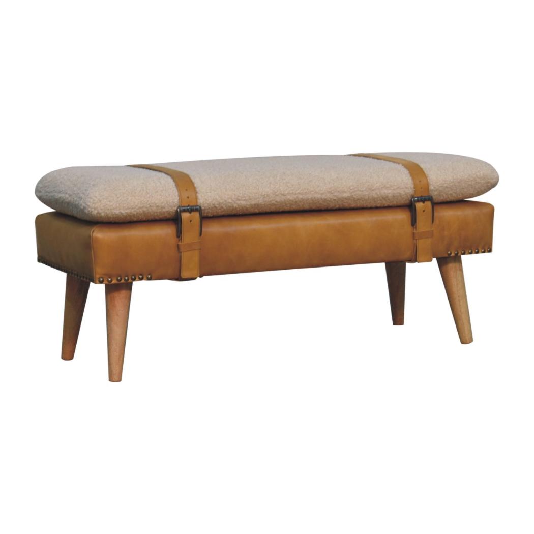 Bouclé & Tan Buffalo Hide Leather Bench | Upholstered Accent Seating