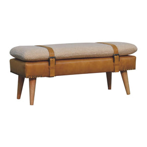 Bouclé & Tan Buffalo Hide Leather Bench | Upholstered Accent Seating