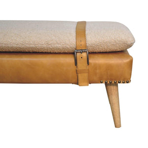 Bouclé & Tan Buffalo Hide Leather Bench | Upholstered Accent Seating