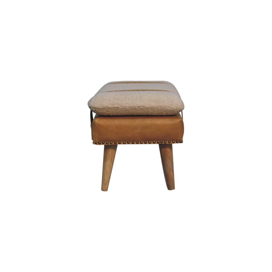 Bouclé & Tan Buffalo Hide Leather Bench | Upholstered Accent Seating