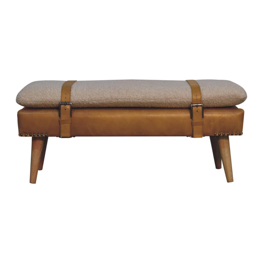 Bouclé & Tan Buffalo Hide Leather Bench | Upholstered Accent Seating