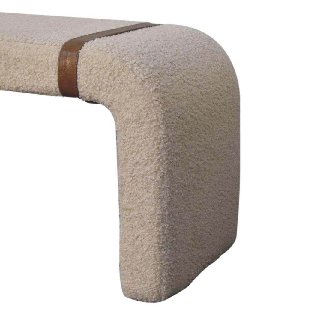 Bouclé Bench | Leather Strap Detail | Upholstered Accent Seating