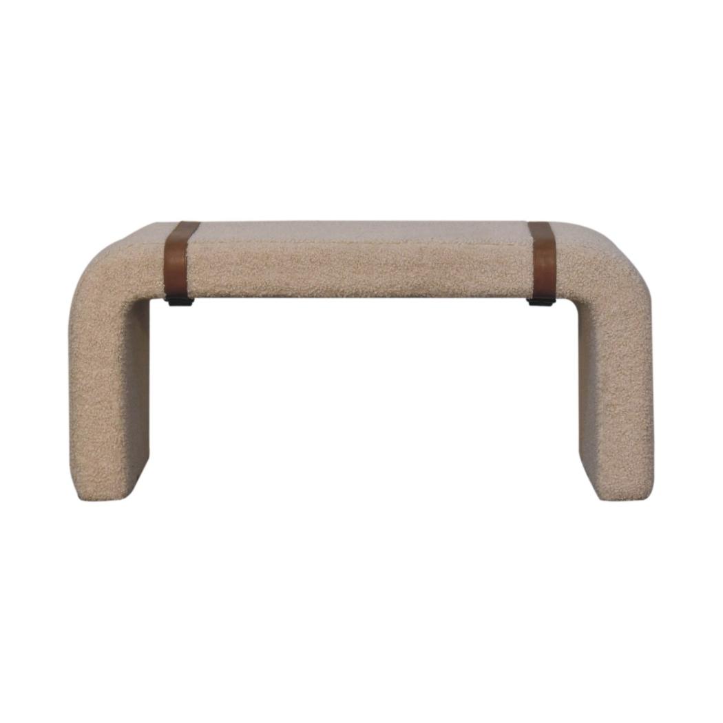 Bouclé Bench | Leather Strap Detail | Upholstered Accent Seating