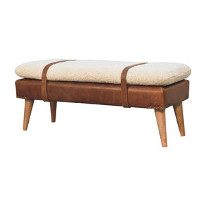 Bouclé Buffalo Hide Leather Bench | Mixed Upholstery | Statement Accent Seating