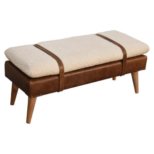 Bouclé Buffalo Hide Leather Bench | Mixed Upholstery | Statement Accent Seating