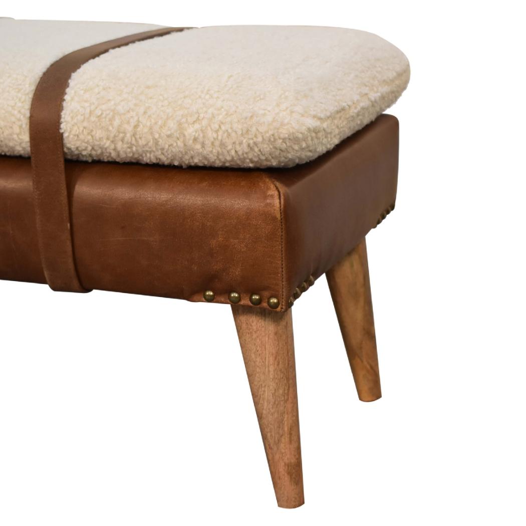 Bouclé Buffalo Hide Leather Bench | Mixed Upholstery | Statement Accent Seating