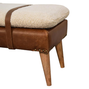 Bouclé Buffalo Hide Leather Bench | Mixed Upholstery | Statement Accent Seating