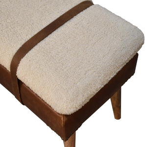 Bouclé Buffalo Hide Leather Bench | Mixed Upholstery | Statement Accent Seating