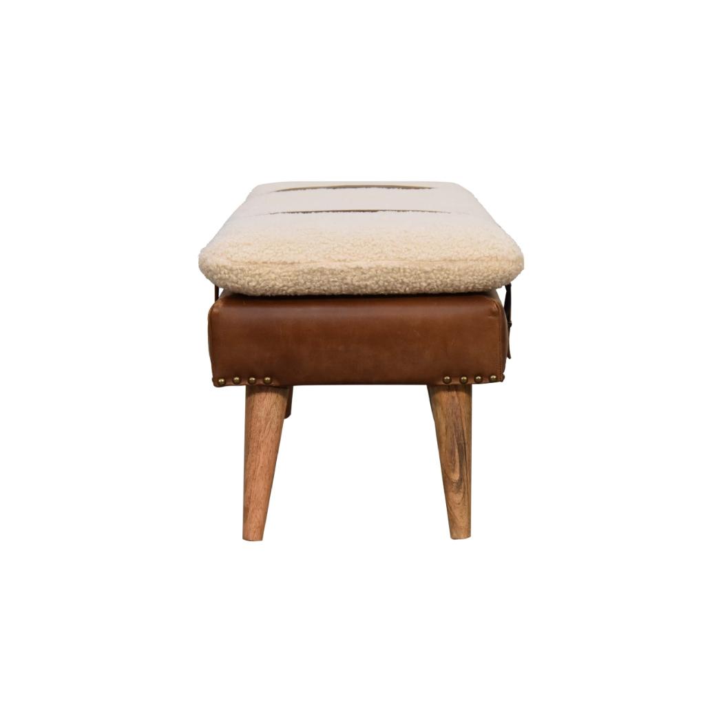 Bouclé Buffalo Hide Leather Bench | Mixed Upholstery | Statement Accent Seating