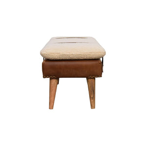 Bouclé Buffalo Hide Leather Bench | Mixed Upholstery | Statement Accent Seating