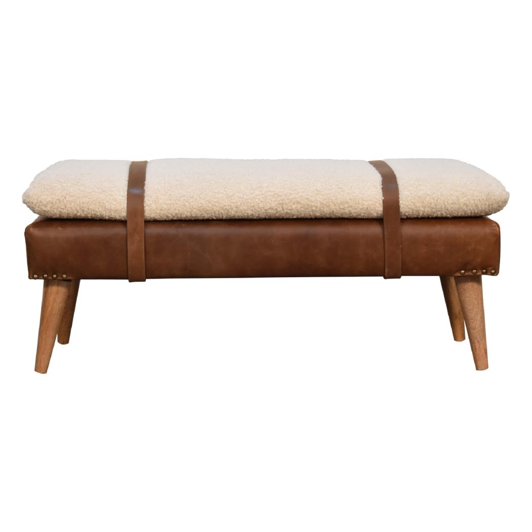 Bouclé Buffalo Hide Leather Bench | Mixed Upholstery | Statement Accent Seating
