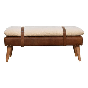 Bouclé Buffalo Hide Leather Bench | Mixed Upholstery | Statement Accent Seating