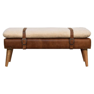 Bouclé Buffalo Hide Leather Bench | Mixed Upholstery | Statement Accent Seating
