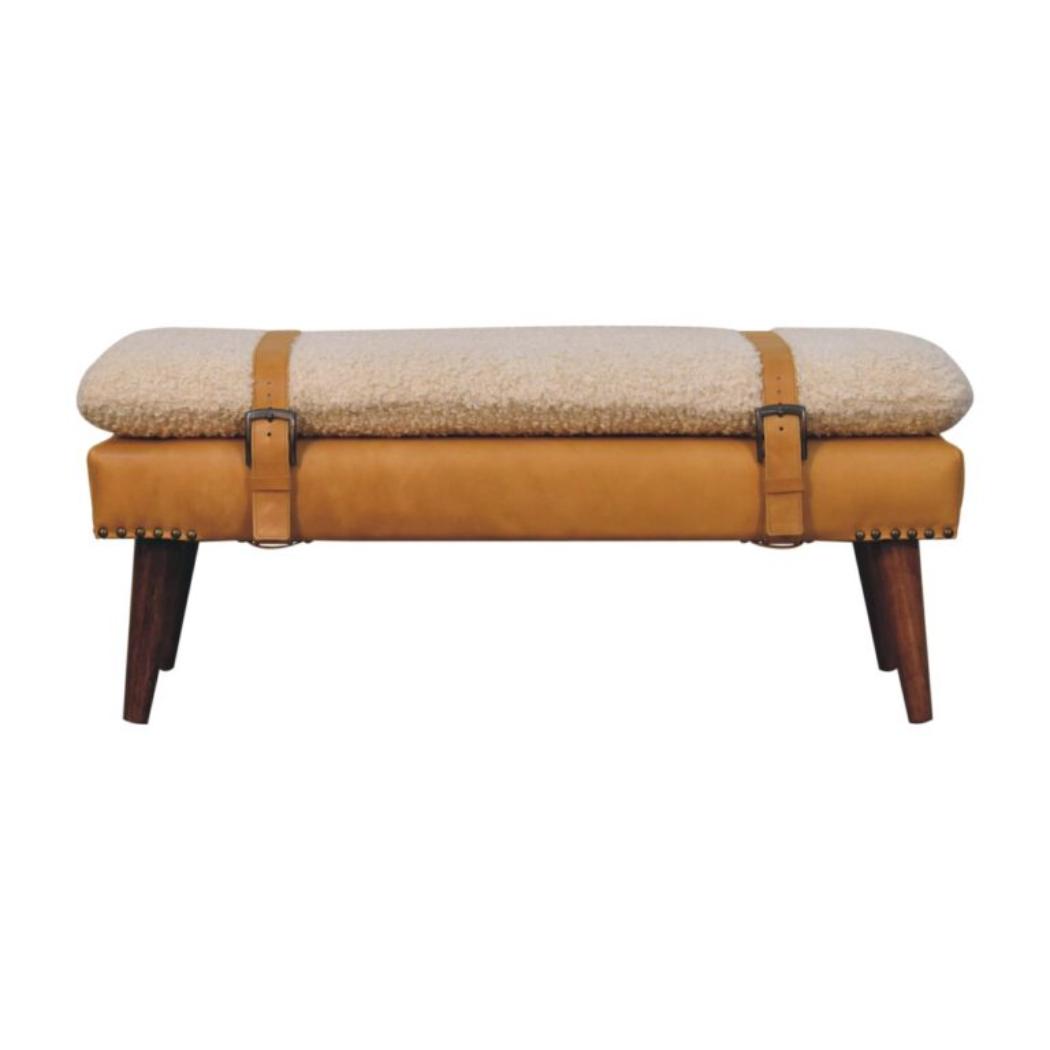 Bouclé x Tan Leather Bench | Solid Mango Wood | Upholstered Entryway & Bedroom Bench
