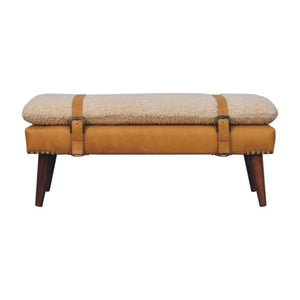 Bouclé x Tan Leather Bench | Solid Mango Wood | Upholstered Entryway & Bedroom Bench
