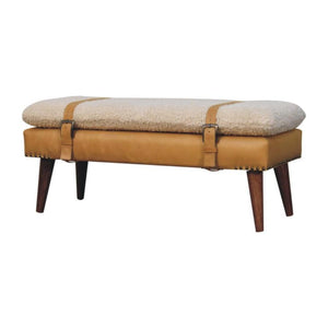 Bouclé x Tan Leather Bench | Solid Mango Wood | Upholstered Entryway & Bedroom Bench