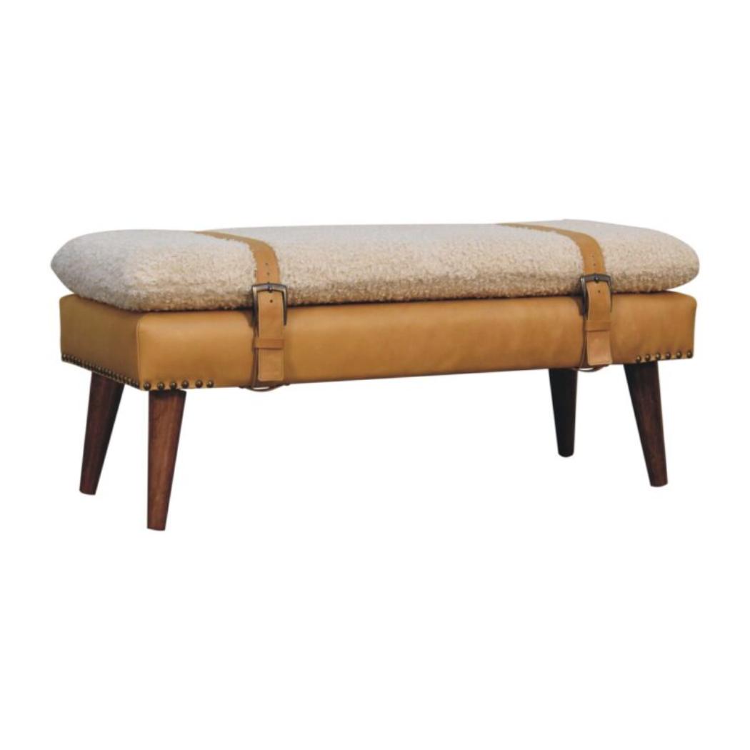 Bouclé x Tan Leather Bench | Solid Mango Wood | Upholstered Entryway & Bedroom Bench