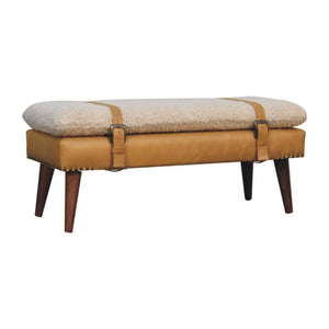 Bouclé x Tan Leather Bench | Solid Mango Wood | Upholstered Entryway & Bedroom Bench