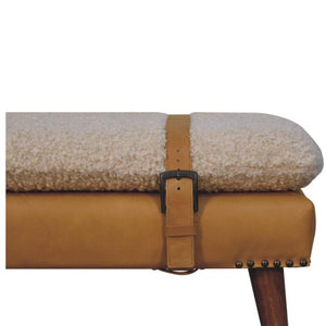 Bouclé x Tan Leather Bench | Solid Mango Wood | Upholstered Entryway & Bedroom Bench
