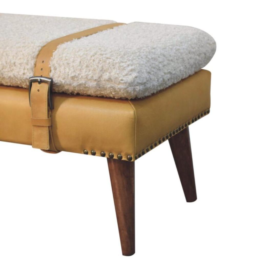 Bouclé x Tan Leather Bench | Solid Mango Wood | Upholstered Entryway & Bedroom Bench