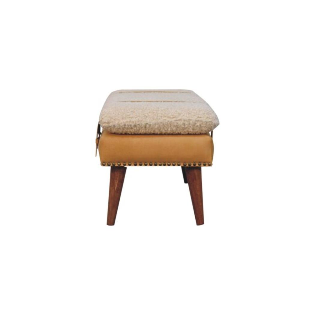 Bouclé x Tan Leather Bench | Solid Mango Wood | Upholstered Entryway & Bedroom Bench