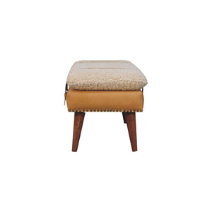 Bouclé x Tan Leather Bench | Solid Mango Wood | Upholstered Entryway & Bedroom Bench