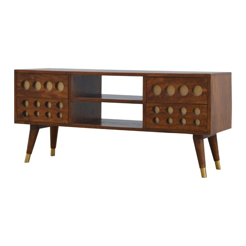 Brass Inlay Mango Wood Media Unit | 4 Drawers & Open Shelves