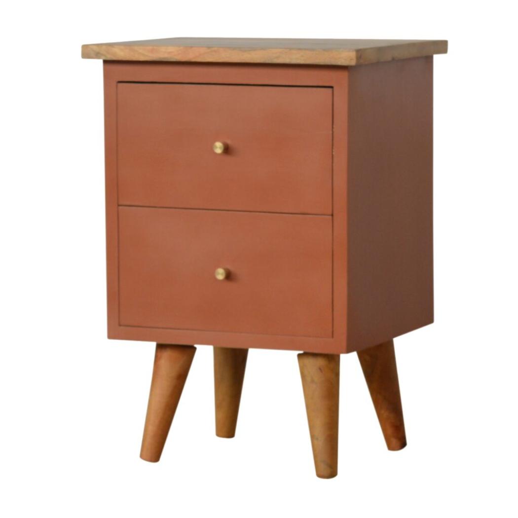 Brick Red Hand-Painted Bedside Table | Solid Mango Wood | Artisan Pattern | Bedroom Storage