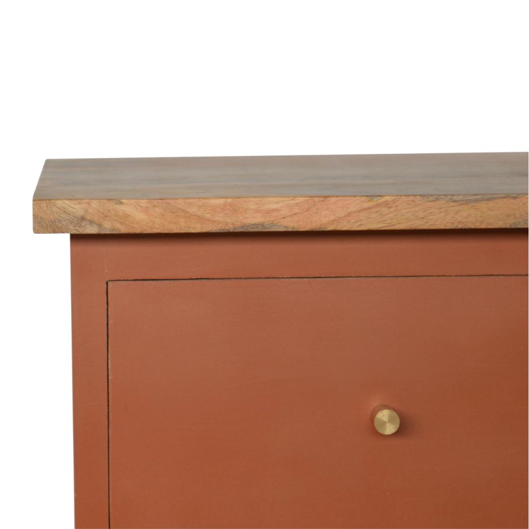 Brick Red Hand-Painted Bedside Table | Solid Mango Wood | Artisan Pattern | Bedroom Storage