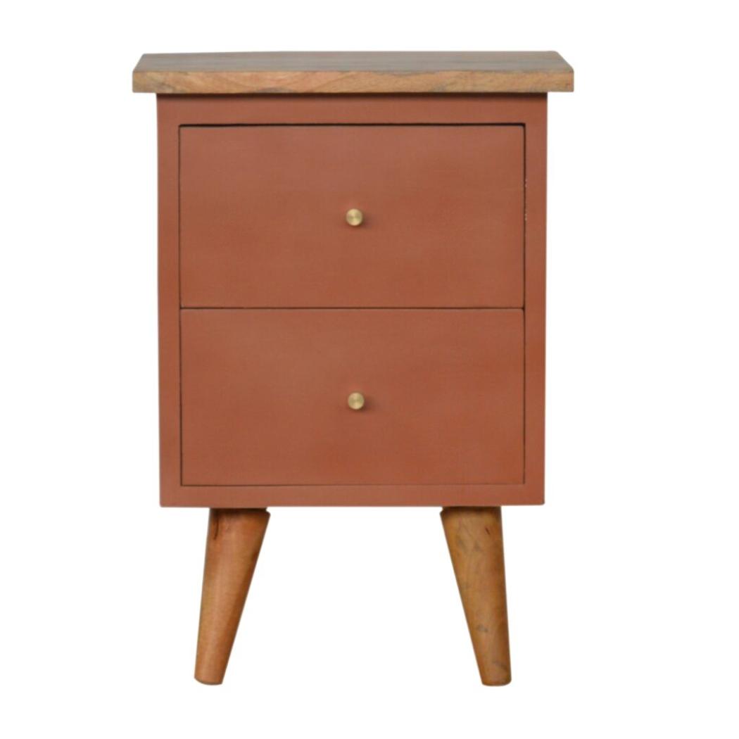 Brick Red Hand-Painted Bedside Table | Solid Mango Wood | Artisan Pattern | Bedroom Storage
