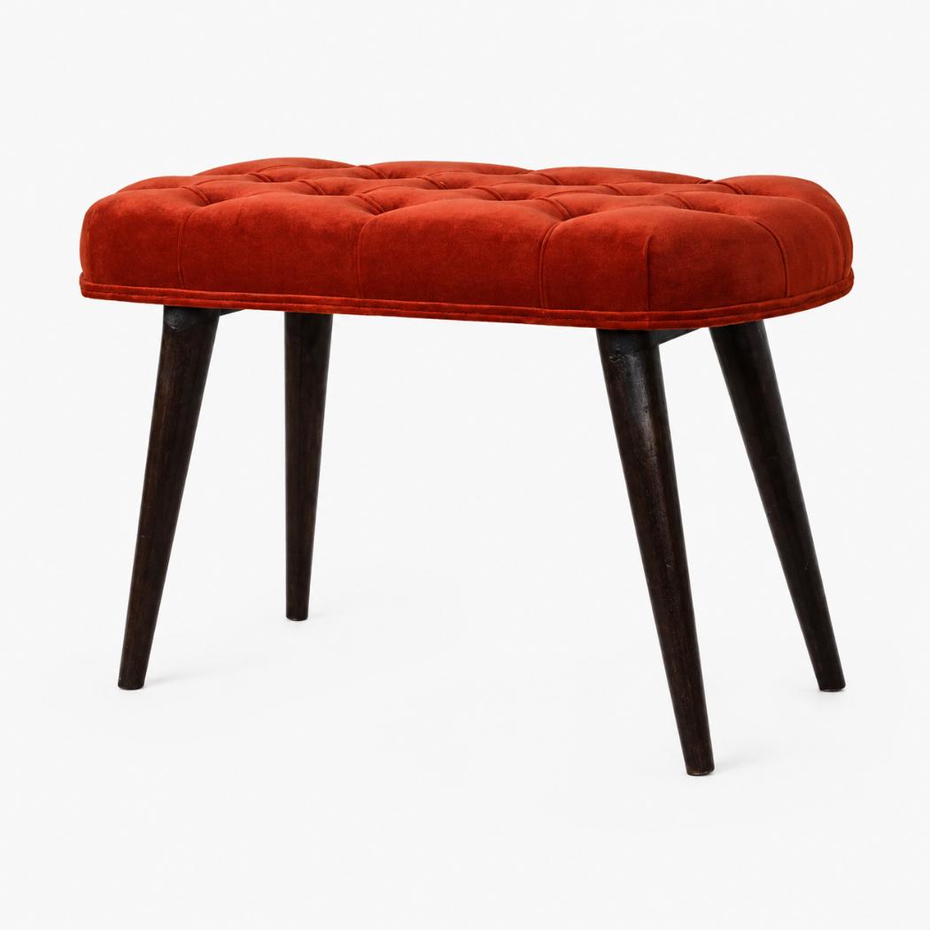 Brick Red Velvet Deep Button Bench | Cotton Velvet | Solid Mango Wood Frame | Statement Seating