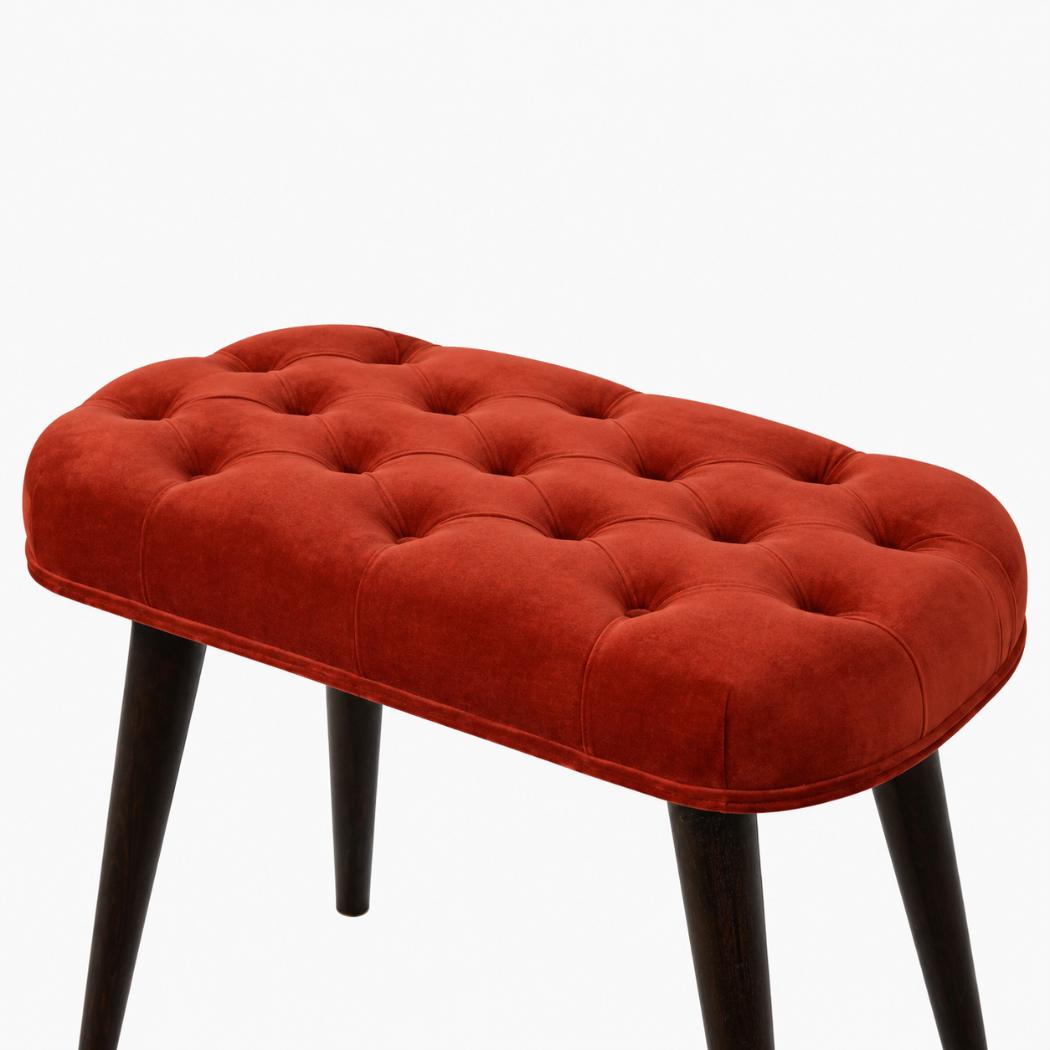 Brick Red Velvet Deep Button Bench | Cotton Velvet | Solid Mango Wood Frame | Statement Seating