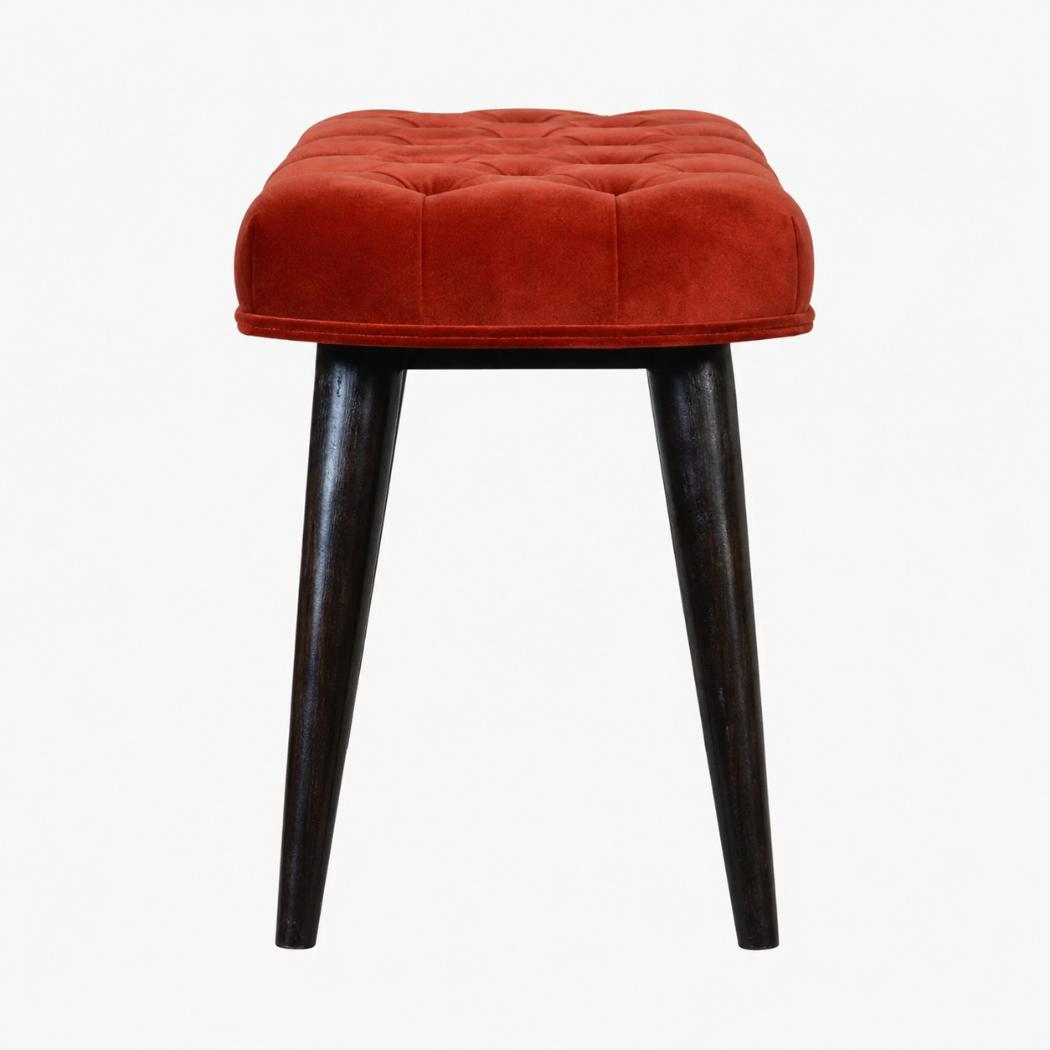 Brick Red Velvet Deep Button Bench | Cotton Velvet | Solid Mango Wood Frame | Statement Seating