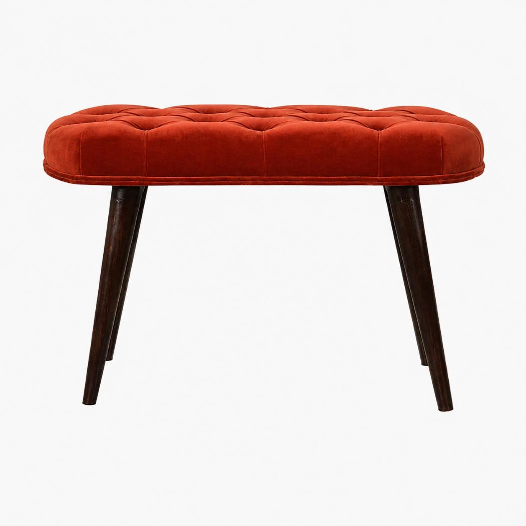Brick Red Velvet Deep Button Bench | Cotton Velvet | Solid Mango Wood Frame | Statement Seating
